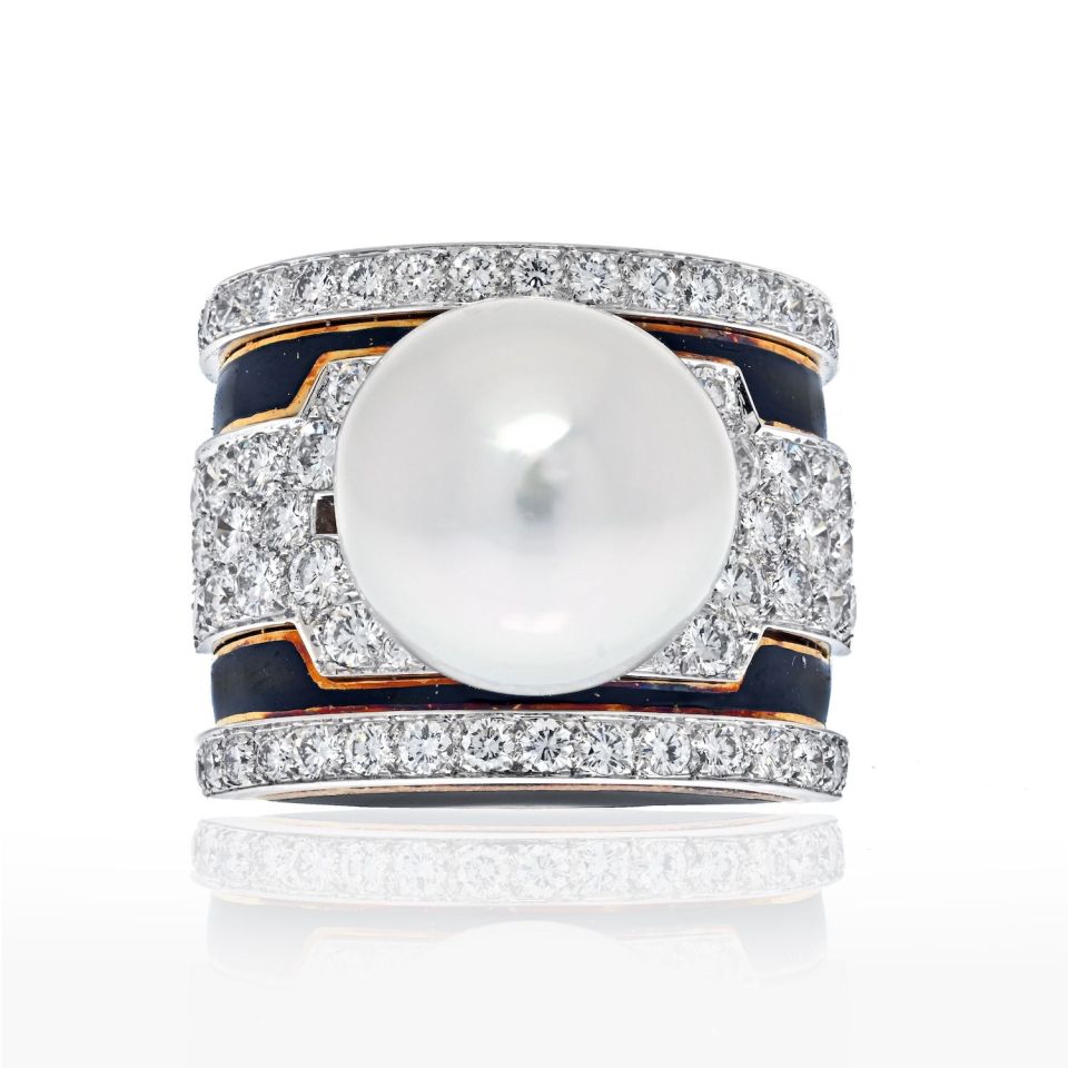 David Webb Platinum & 18K Yellow Gold Pearl, Diamond, Black Enamel Ring - The Back Vault