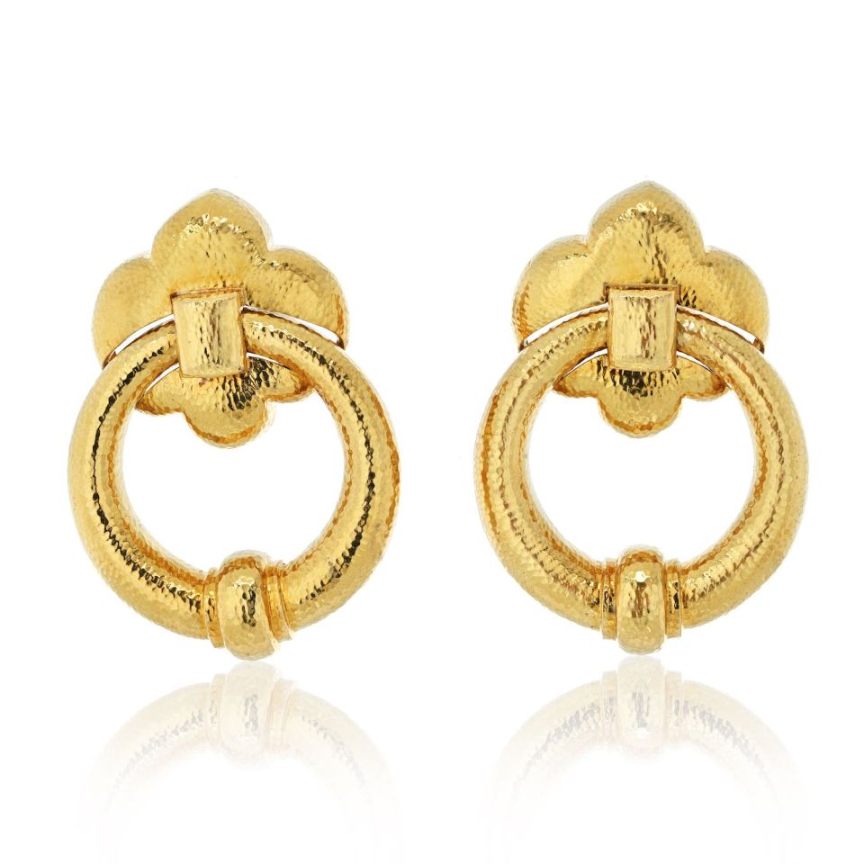 David Webb 18K Yellow Gold Hammered Doorknockers Large Oversized Earrings - The Back Vault