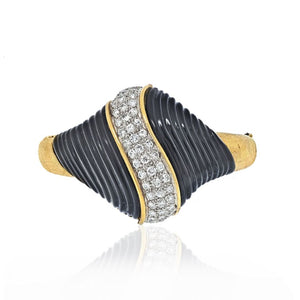 18K Yellow Gold Diamond and Onyx Retro Clamper Bangle Bracelet