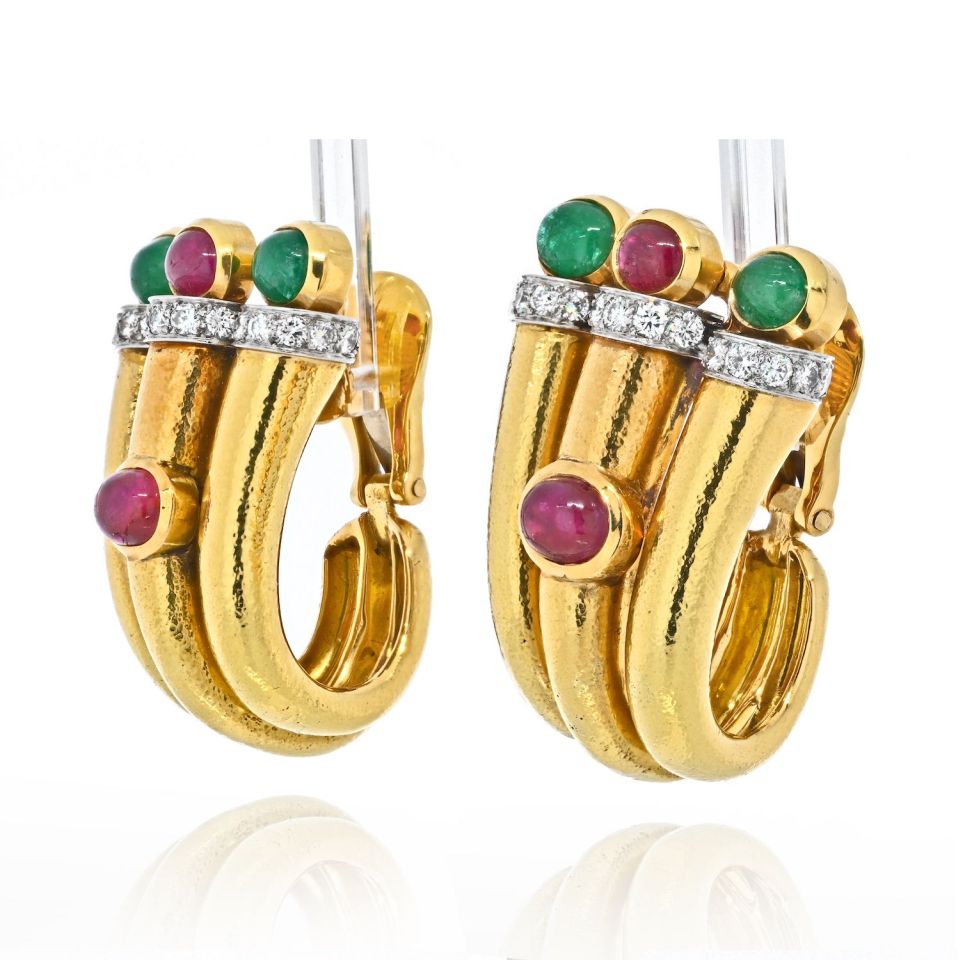 David Webb Platinum & 18K Yellow Gold Diamond, Ruby, Green Emerald Earrings - The Back Vault