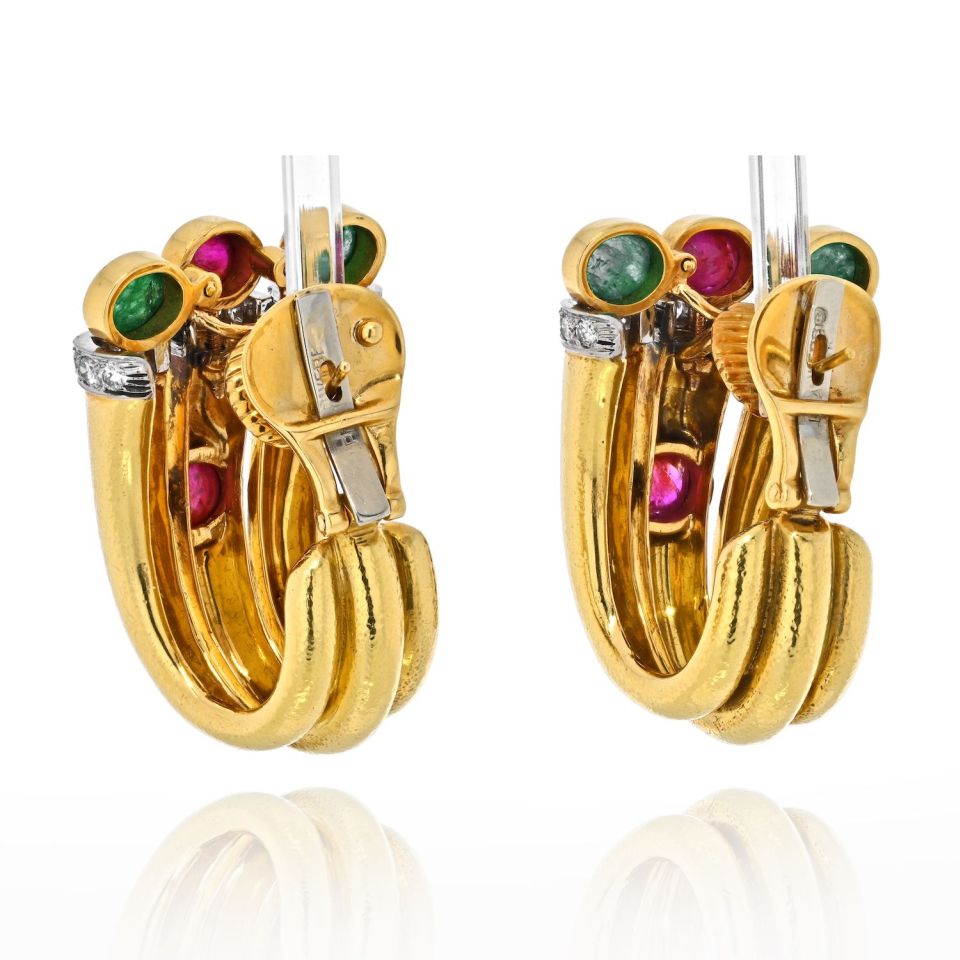 David Webb Platinum & 18K Yellow Gold Diamond, Ruby, Green Emerald Earrings - The Back Vault