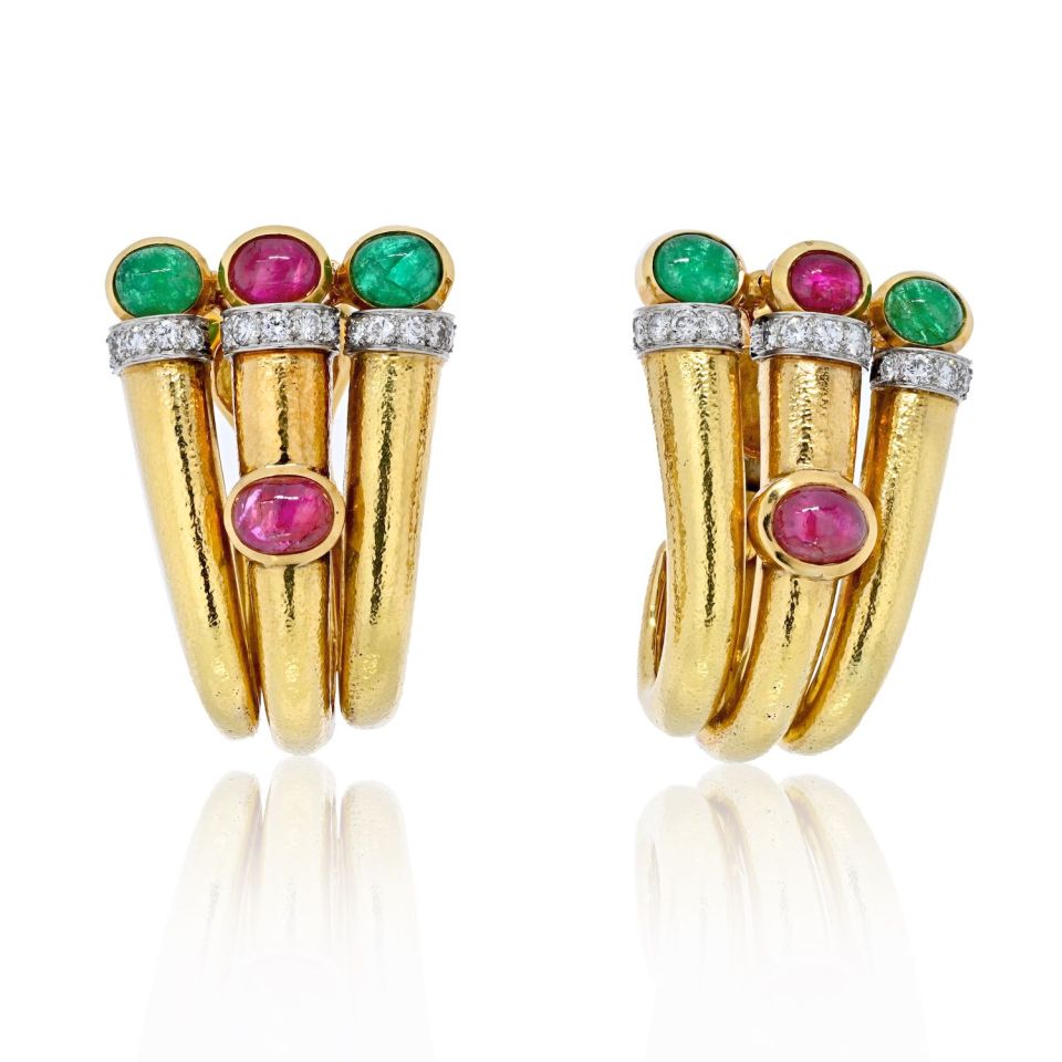 David Webb Platinum & 18K Yellow Gold Diamond, Ruby, Green Emerald Earrings - The Back Vault