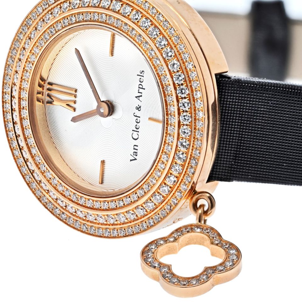 Van Cleef Arpels 18K Rose Gold Diamond Charm Alhambra 25MM Round Dial Women Watch The Back Vault