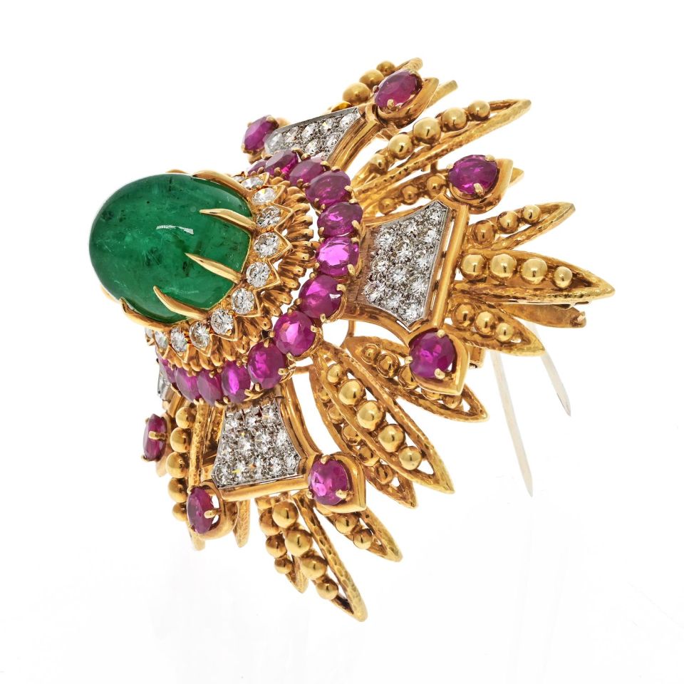 David Webb Platinum & 18K Yellow Gold 1960's Green Emerald, Rubies, And Diamonds Pendant Brooch - The Back Vault