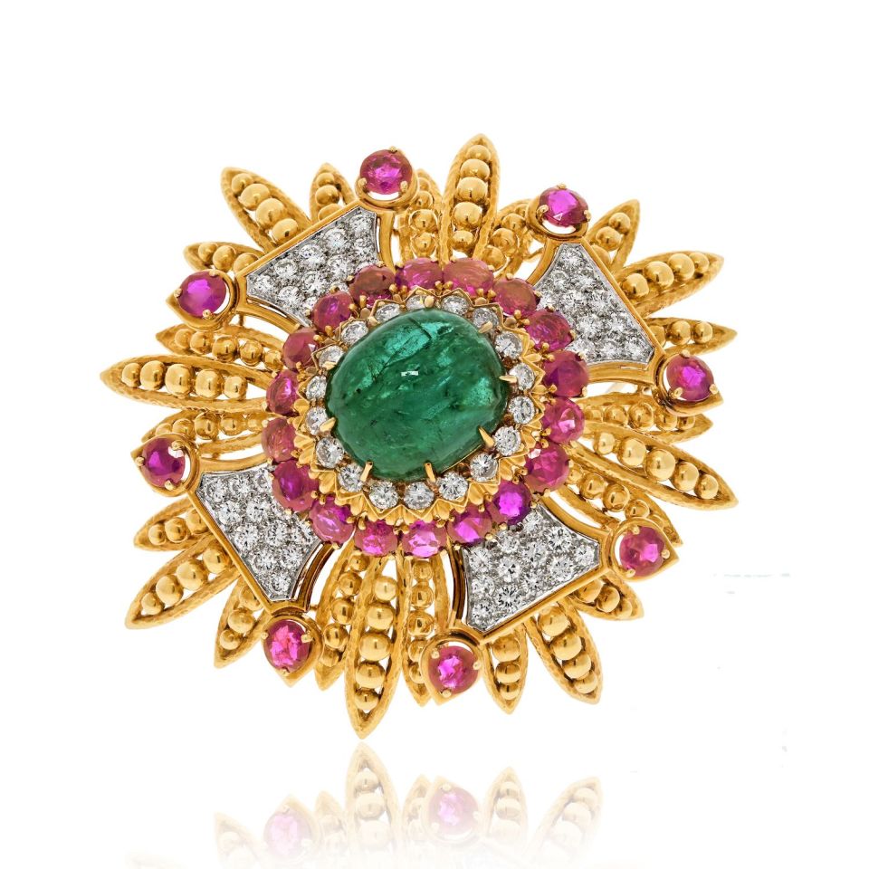 David Webb Platinum & 18K Yellow Gold 1960's Green Emerald, Rubies, And Diamonds Pendant Brooch - The Back Vault