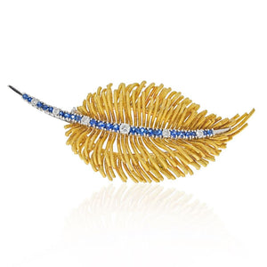 18K Yellow Gold Diamond and Sapphire Leaf Brooch