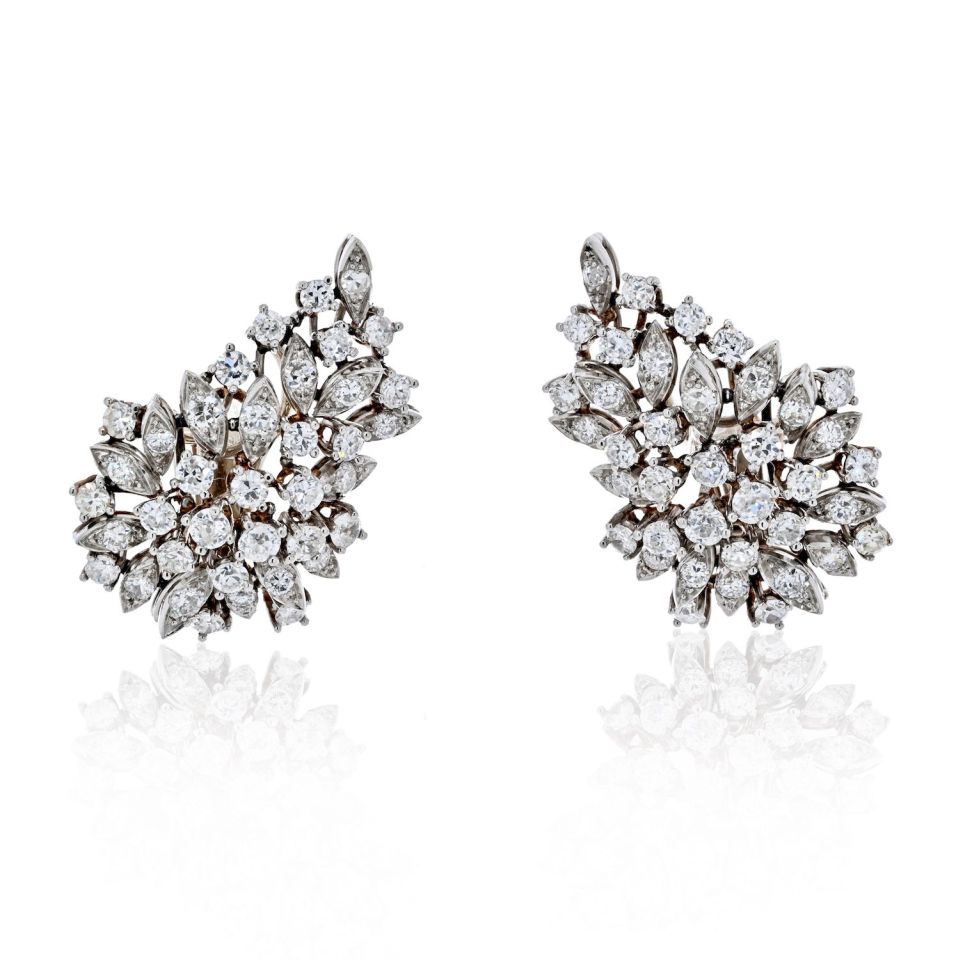 Platinum 8 Carat Round Diamond Cluster Clip Earrings - The Back Vault