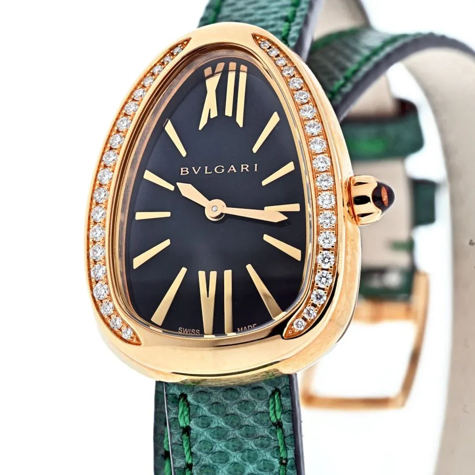 Bvlgari 18K Rose Gold Diamond Serpenti On A Green Leather Strap