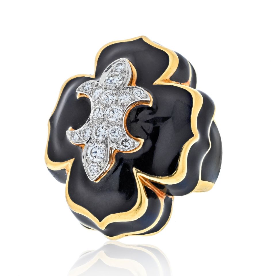 David Webb Platinum & 18K Yellow Gold Fleur De Lis Black Enamel Diamond Ring - The Back Vault