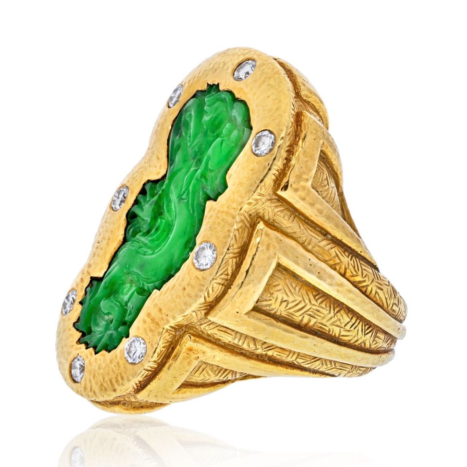 David Webb Platinum & 18K Yellow Gold 1970's Carved Jade Dragon Style Ring - The Back Vault