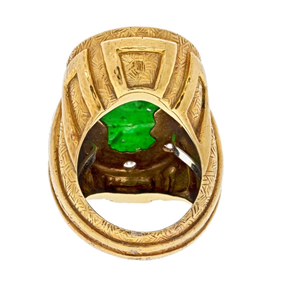 David Webb Platinum & 18K Yellow Gold 1970's Carved Jade Dragon Style Ring - The Back Vault