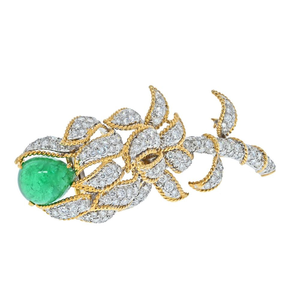 David Webb Platinum & 18K Yellow Gold Green Emerald And Diamond Flower Brooch - The Back Vault