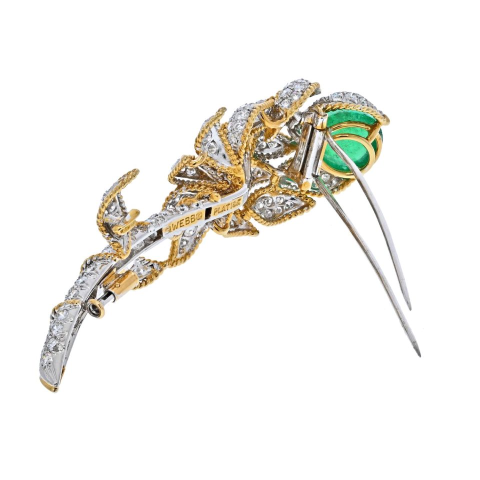 David Webb Platinum & 18K Yellow Gold Green Emerald And Diamond Flower Brooch - The Back Vault