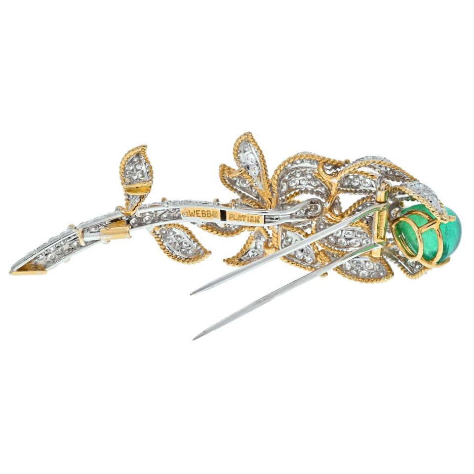 David Webb Platinum & 18K Yellow Gold Green Emerald And Diamond Flower Brooch - The Back Vault