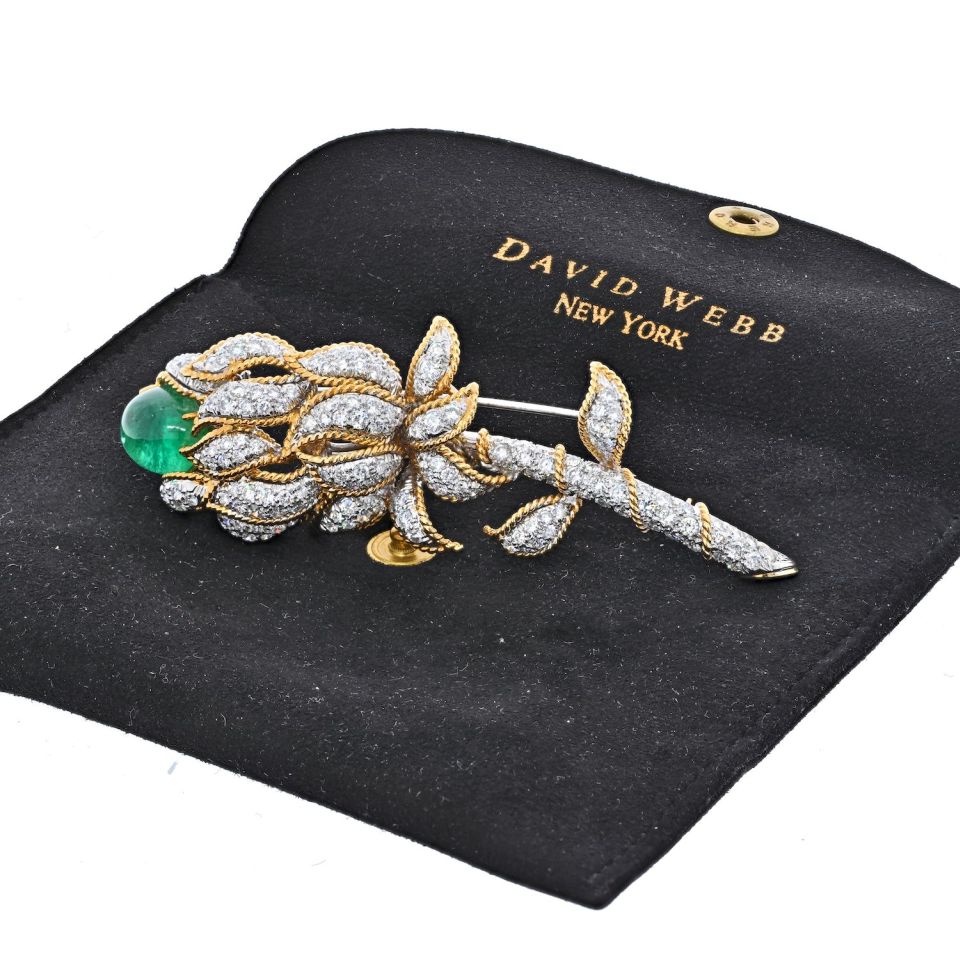 David Webb Platinum & 18K Yellow Gold Green Emerald And Diamond Flower Brooch - The Back Vault