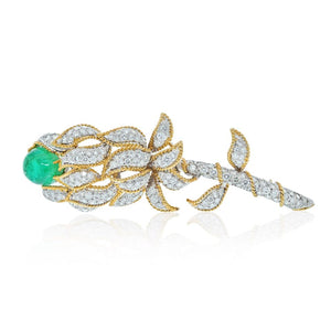 David Webb Platinum & 18K Yellow Gold Green Emerald And Diamond Flower Brooch