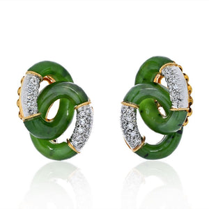 Platinum & 18K Yellow Gold Jade And Diamond Interlocking Hoop Vintage Earrings