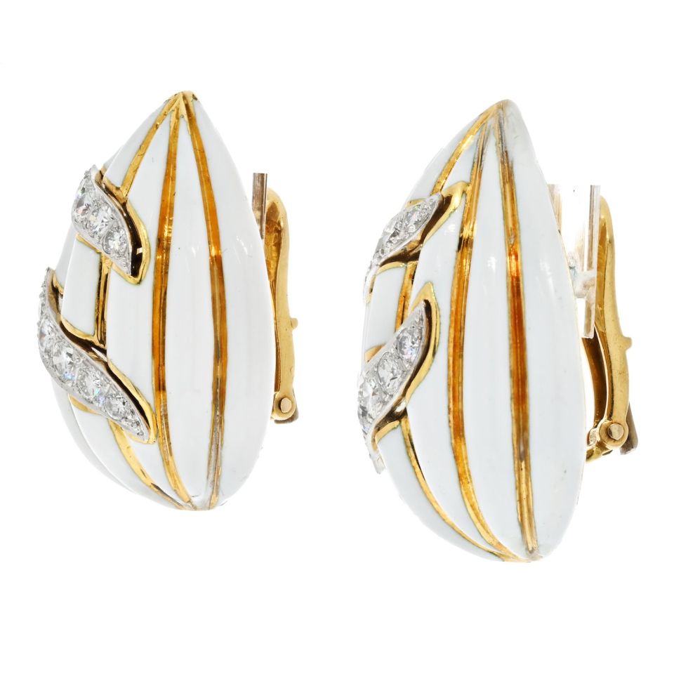 David Webb Fluted Almonds White Enamel And Diamond Earrings - The Back Vault