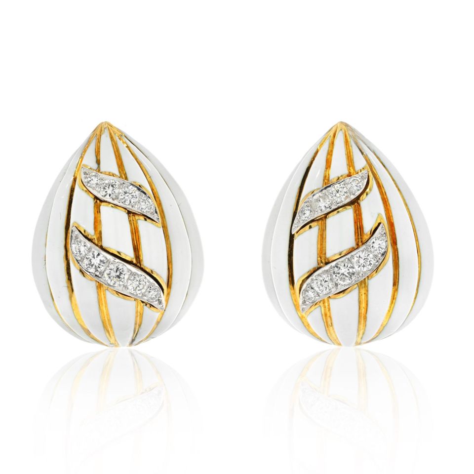 David Webb Fluted Almonds White Enamel And Diamond Earrings - The Back Vault