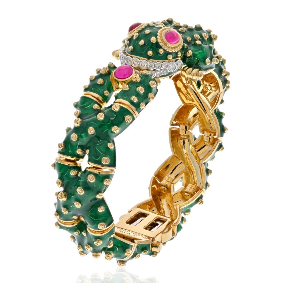 David Webb Platinum & 18K Yellow Gold Green Enamel, Diamond And Ruby Frog Bracelet - The Back Vault