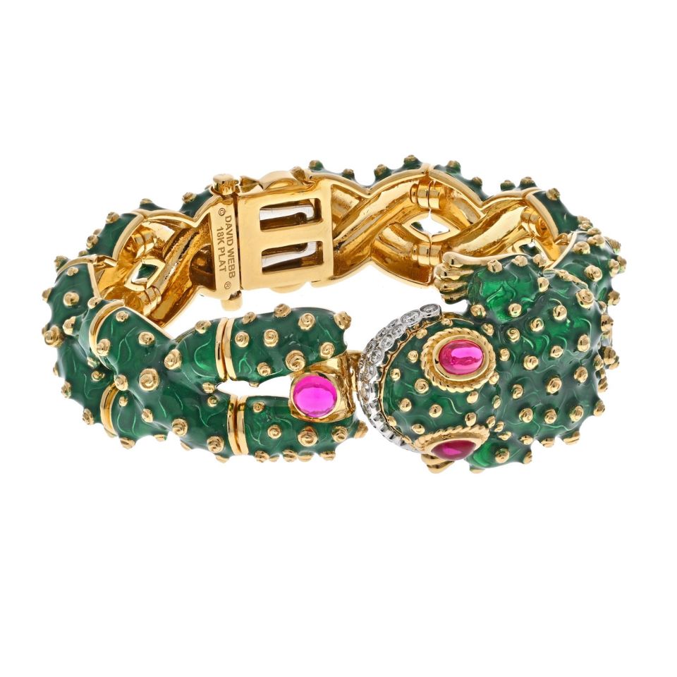 David Webb Platinum & 18K Yellow Gold Green Enamel, Diamond And Ruby Frog Bracelet - The Back Vault