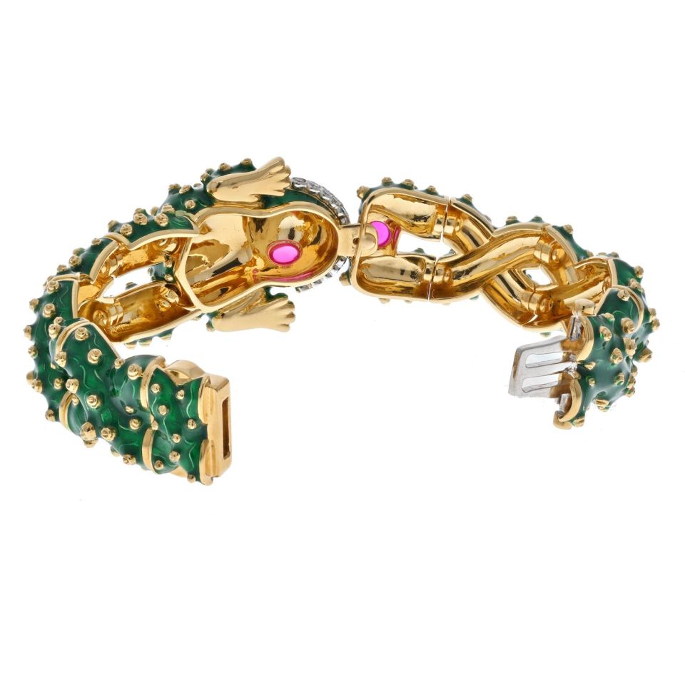 David Webb Platinum & 18K Yellow Gold Green Enamel, Diamond And Ruby Frog Bracelet - The Back Vault