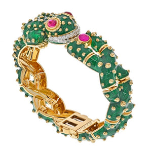 David Webb Platinum & 18K Yellow Gold Green Enamel, Diamond And Ruby Frog Bracelet