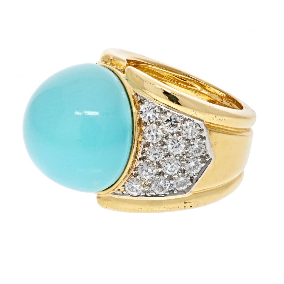 David Webb Platinum & 18K Yellow Gold Cabochon Turquoise And Diamond Ring - The Back Vault