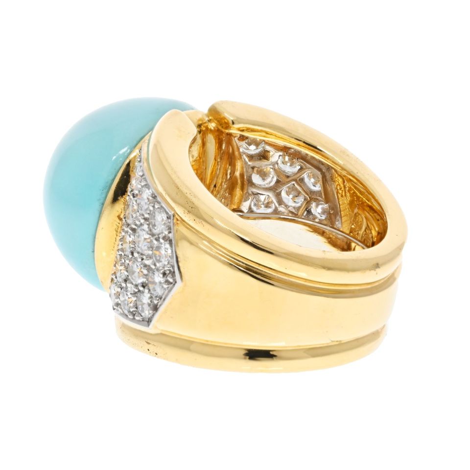 David Webb Platinum & 18K Yellow Gold Cabochon Turquoise And Diamond Ring - The Back Vault