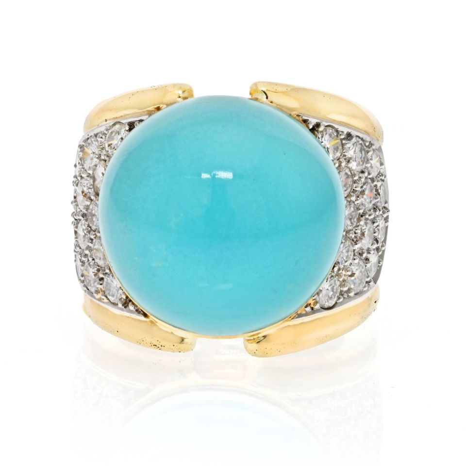 David Webb Platinum & 18K Yellow Gold Cabochon Turquoise And Diamond Ring - The Back Vault