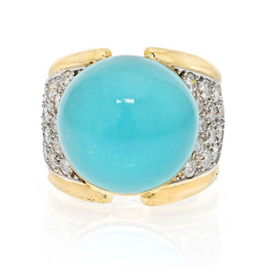 David Webb Platinum & 18K Yellow Gold Cabochon Turquoise And Diamond Ring