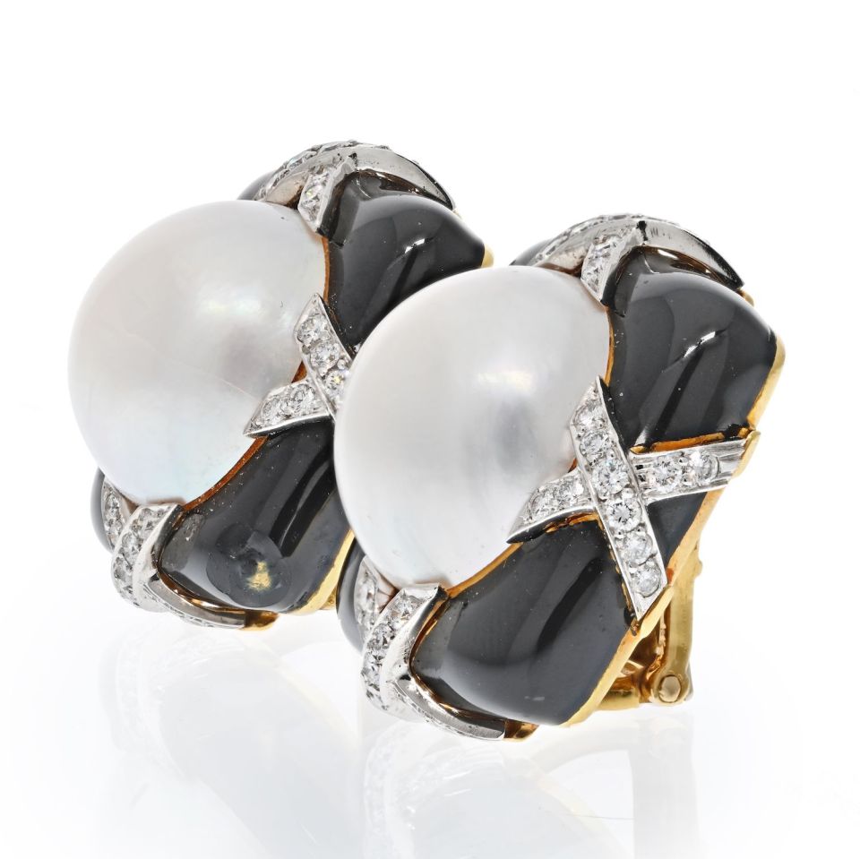 David Webb Platinum & 18K Yellow Gold Black enamel, Diamond And Pearl Earrings - The Back Vault