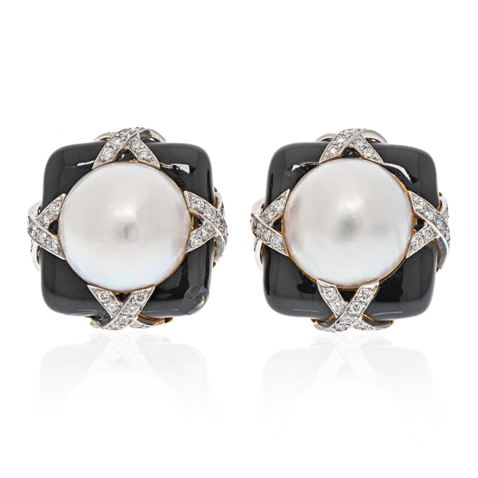 David Webb Platinum & 18K Yellow Gold Black enamel, Diamond And Pearl Earrings - The Back Vault