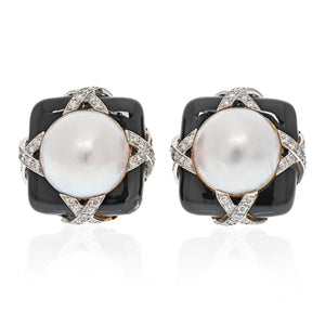 David Webb Platinum & 18K Yellow Gold Black enamel, Diamond And Pearl Earrings