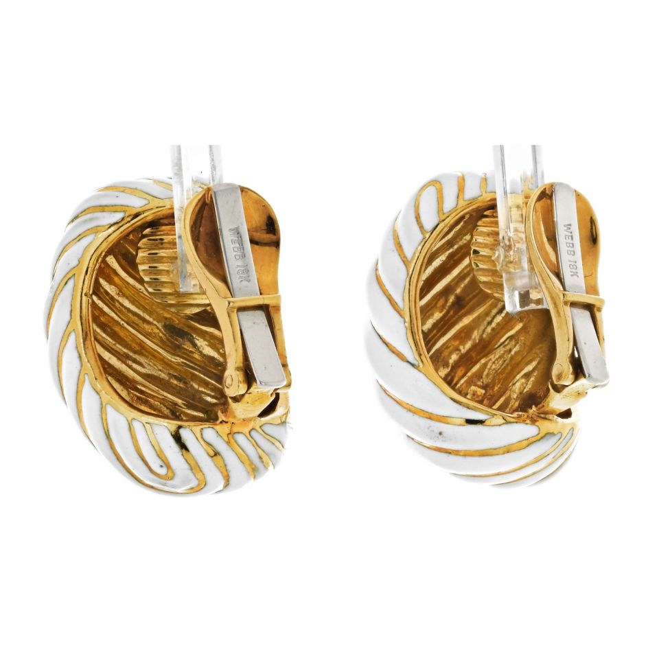 David Webb Platinum & 18K Yellow Gold White Enamel Gold Earrings - The Back Vault