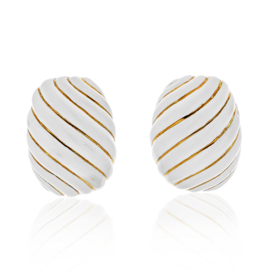 David Webb Platinum & 18K Yellow Gold White Enamel Gold Earrings - The Back Vault