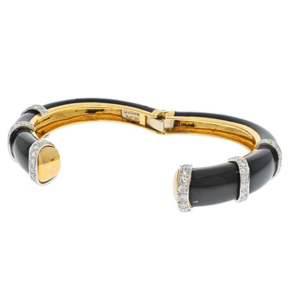 David Webb Platinum & 18K Yellow Gold Blck Enamel Diamond Cuff Bracelet - The Back Vault