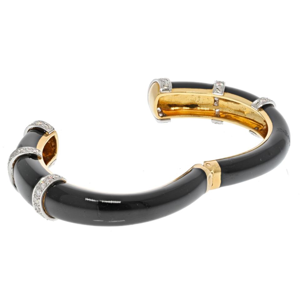 David Webb Platinum & 18K Yellow Gold Blck Enamel Diamond Cuff Bracelet - The Back Vault