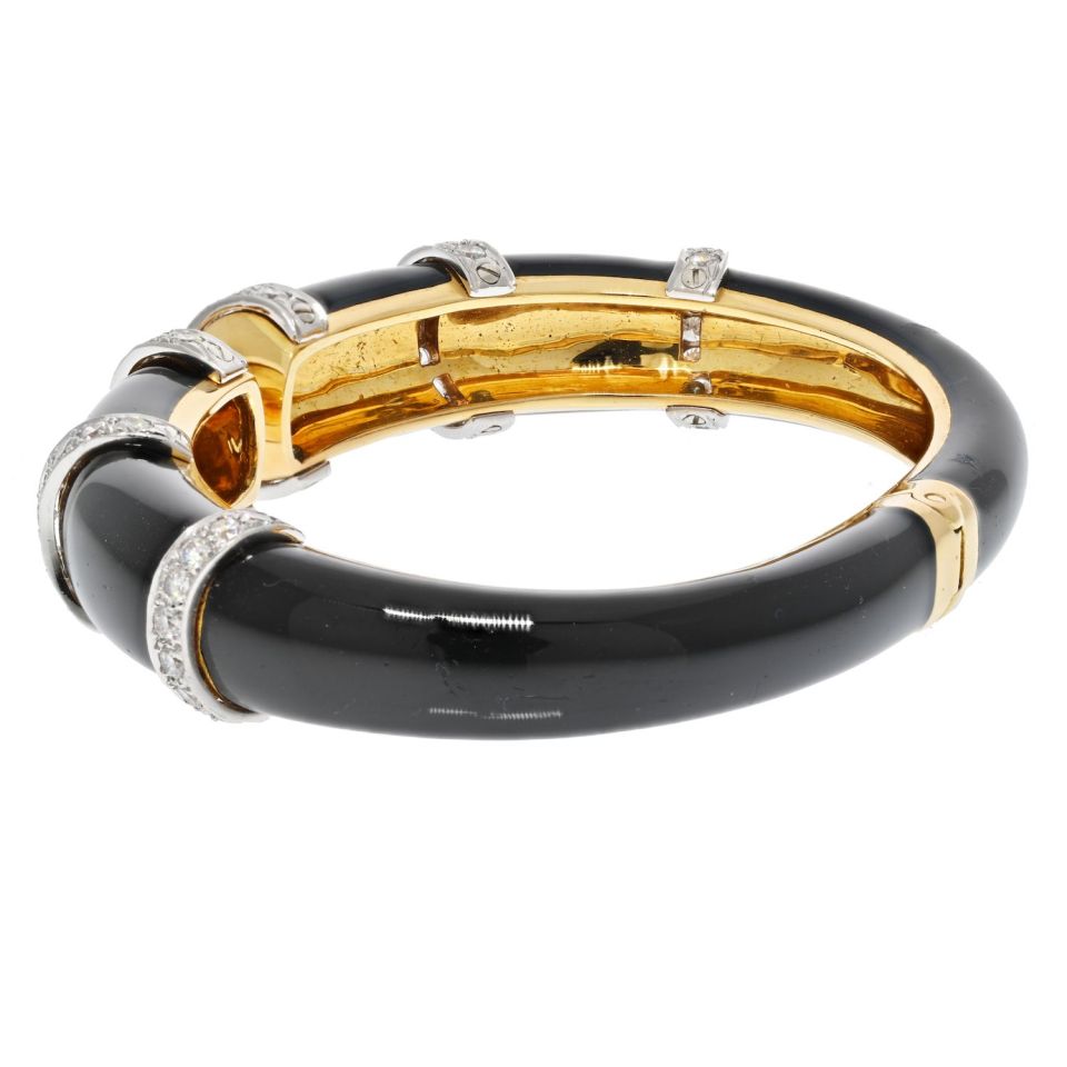David Webb Platinum & 18K Yellow Gold Blck Enamel Diamond Cuff Bracelet - The Back Vault