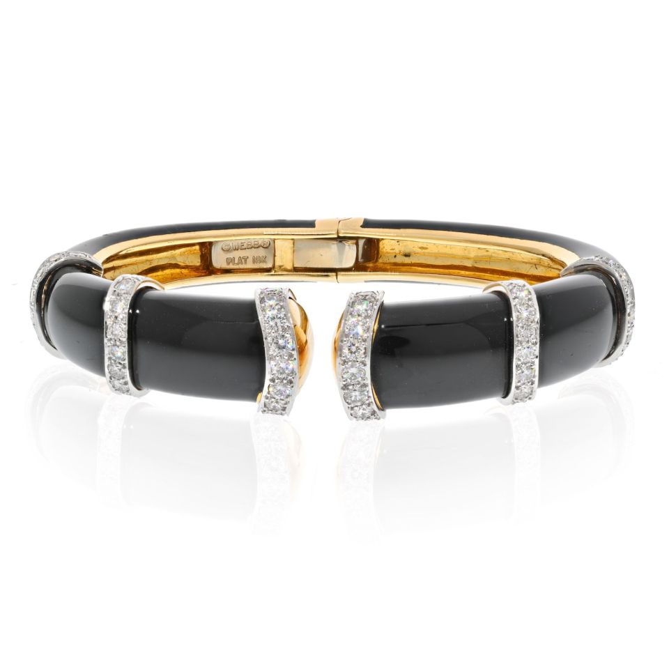 David Webb Platinum & 18K Yellow Gold Blck Enamel Diamond Cuff Bracelet - The Back Vault