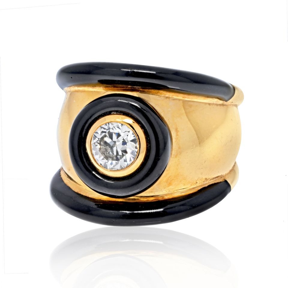 David Webb Platinum & 18K Yellow Gold Single Round Diamond Bezel Set Black Enamel Ring - The Back Vault