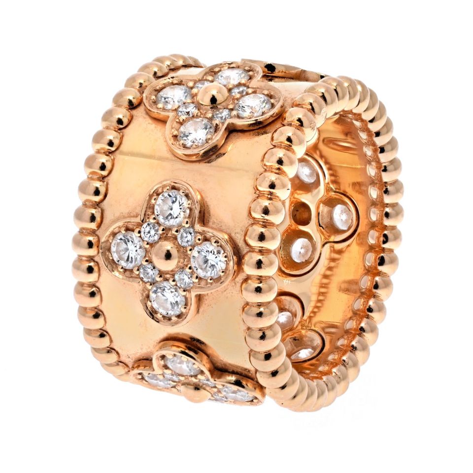 Van Cleef & Arpels 18K Yellow Gold Perlee Clover Diamond Ring - The Back Vault