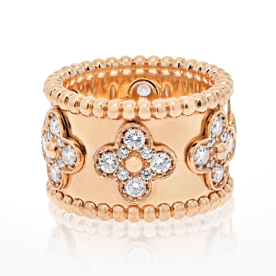 Van Cleef & Arpels 18K Yellow Gold Perlee Clover Diamond Ring - The Back Vault