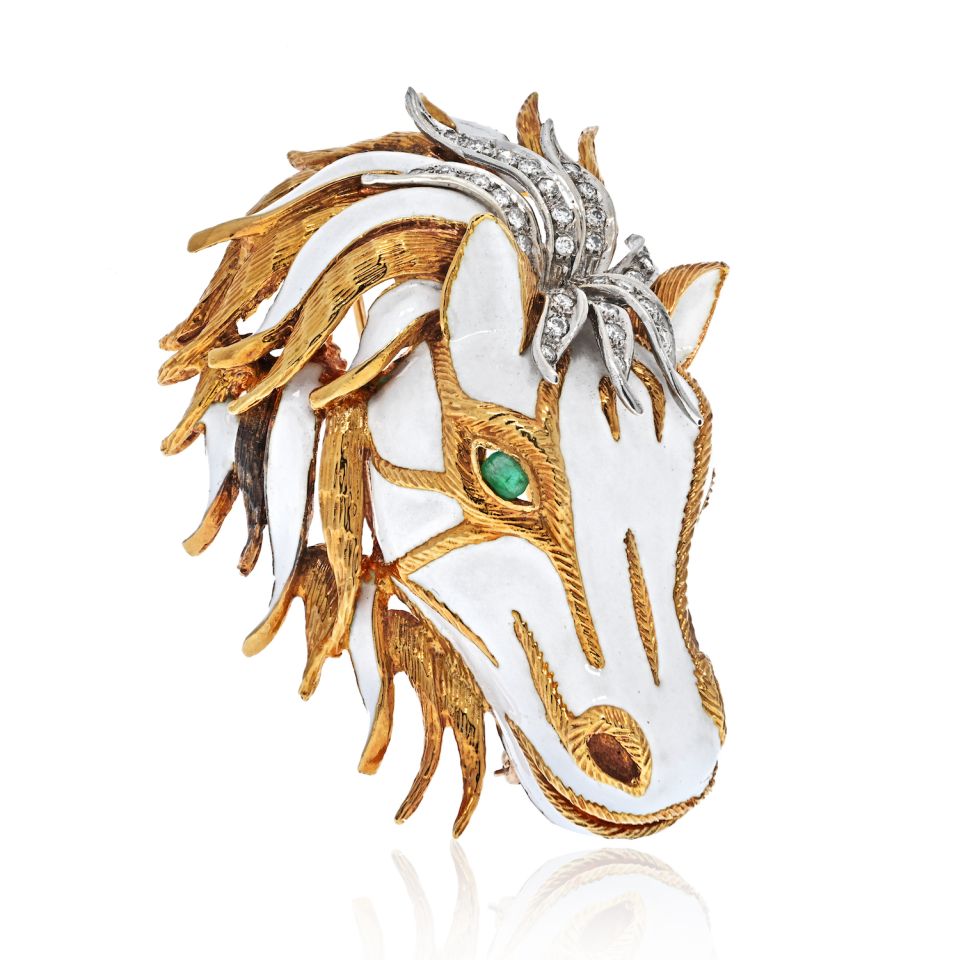 David Webb Platinum & 18K Yellow Gold White Enamel Diamond Horse Face Brooch - The Back Vault