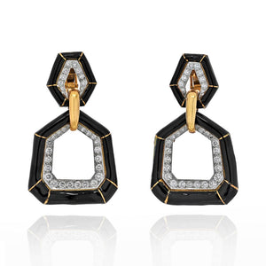 David Webb Black Enamel And Diamond Bamboo Door Knocker Earrings