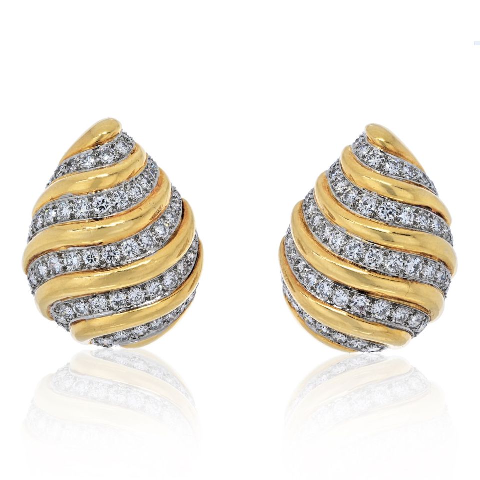 David Webb 18K Yellow Gold 7 Carat Diamond Tear Drop Clip On Earrings - The Back Vault