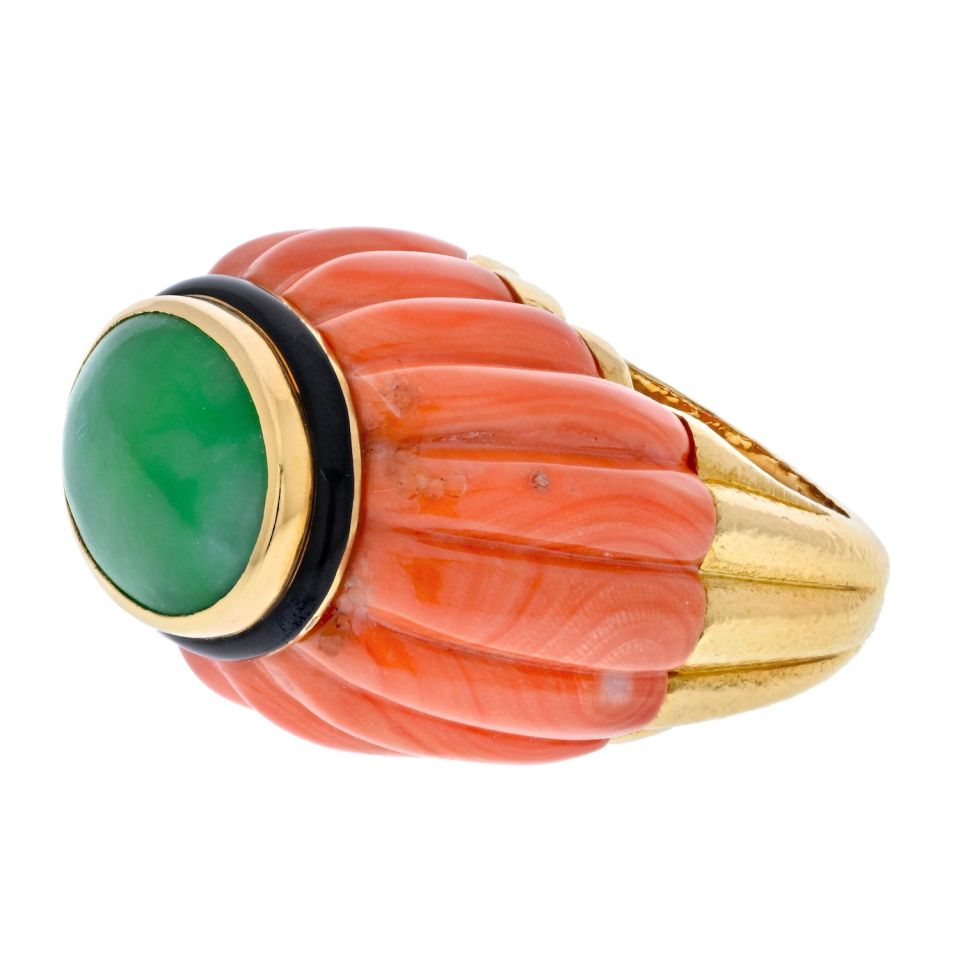 David Webb Platinum & 18K Yellow Gold Carved Coral, Jade and Black Enamel Ring - The Back Vault