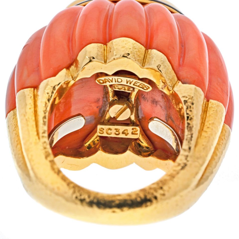 David Webb Platinum & 18K Yellow Gold Carved Coral, Jade and Black Enamel Ring - The Back Vault