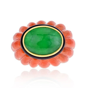 David Webb Platinum & 18K Yellow Gold Carved Coral, Jade and Black Enamel Ring