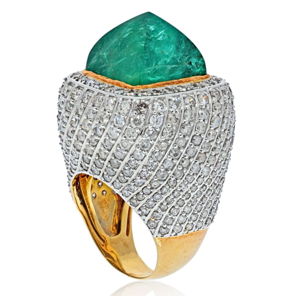 18K Two Tone 38 Carat Sugarloaf Green Emerald And Diamond Cocktail Ring - The Back Vault